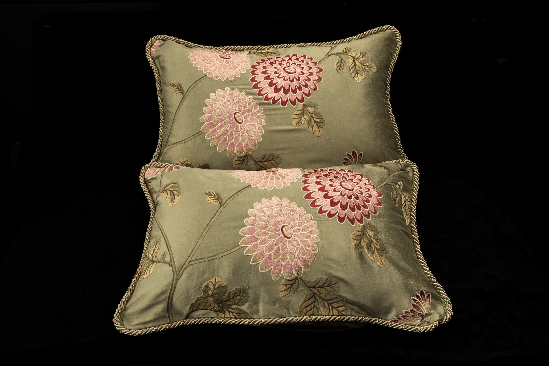 Green Silk Embroidered Cushions (Pair)