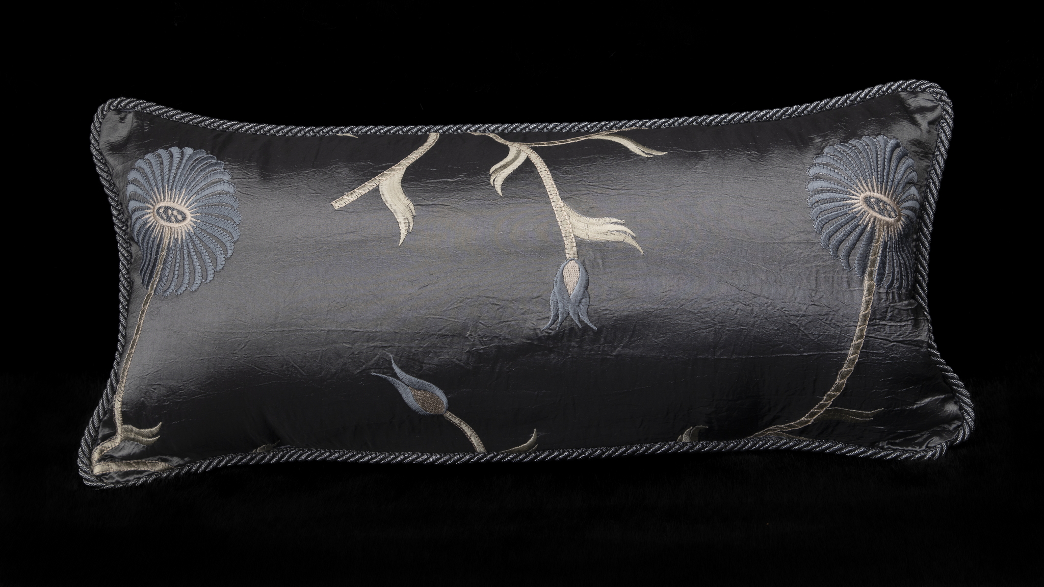 Grey Embroidered Silk Cushion