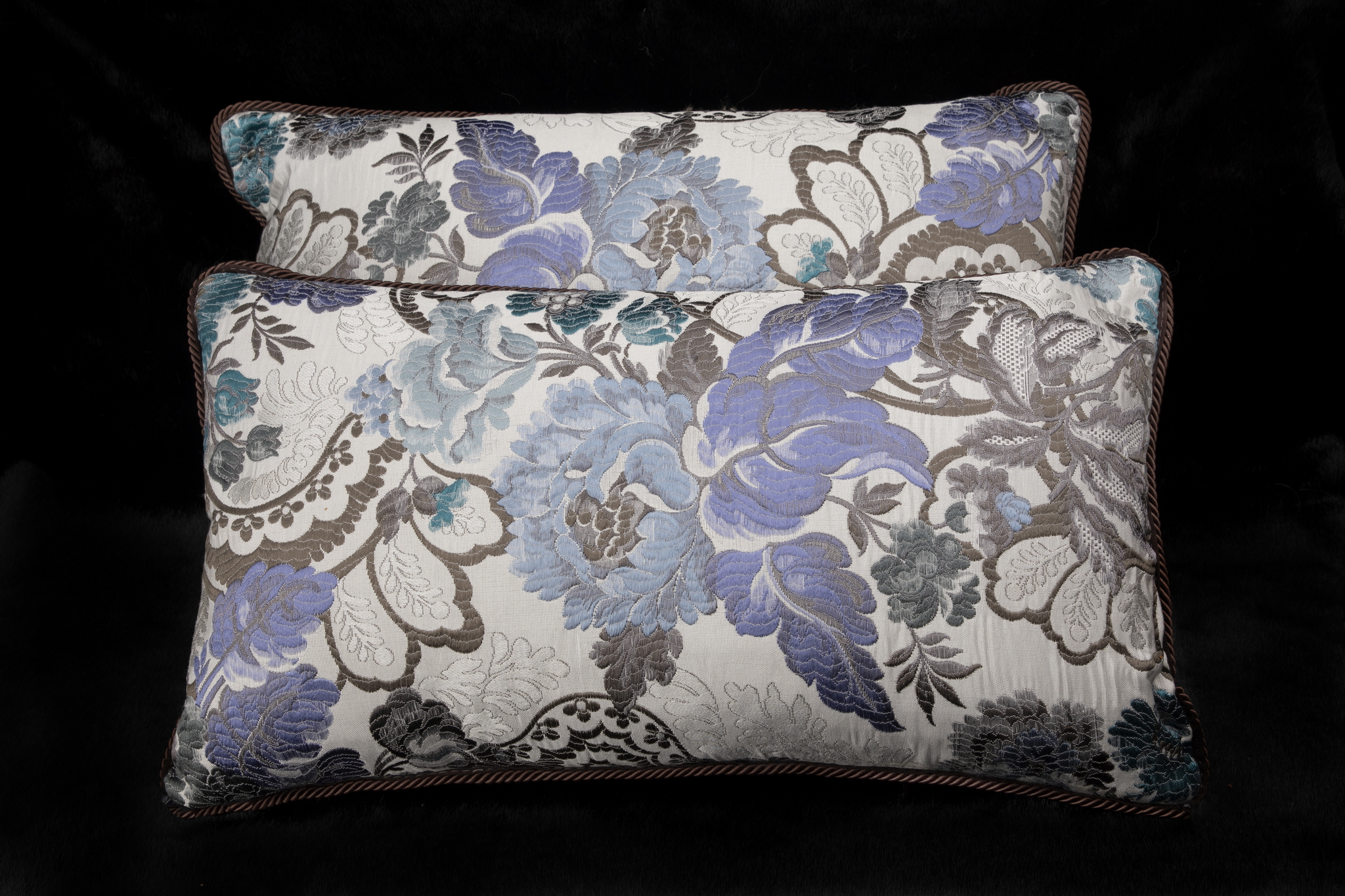 Blue Metallic Floral Silk Cushions (Pair)