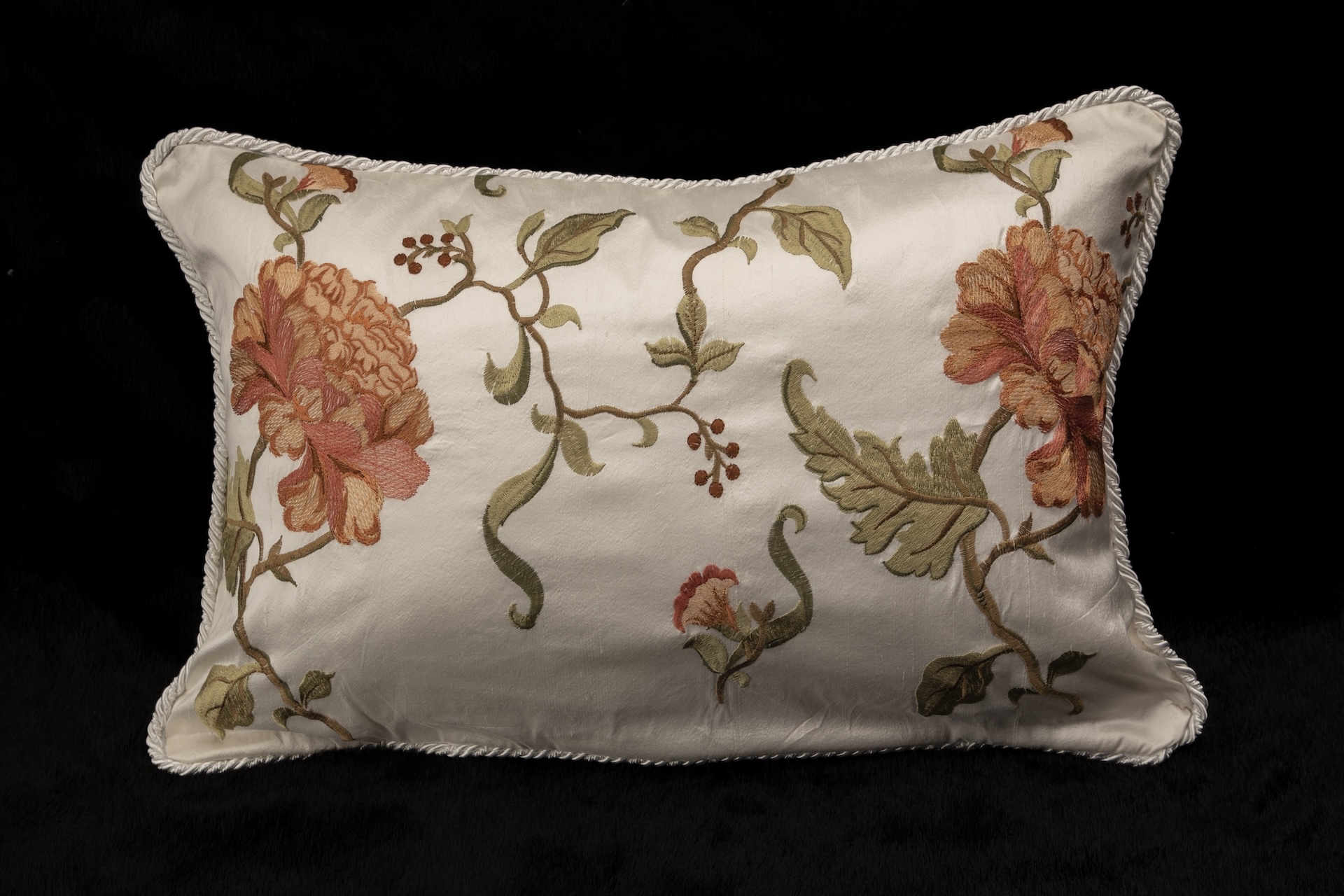 Embroidered Silk Cushion with Orange Flowers