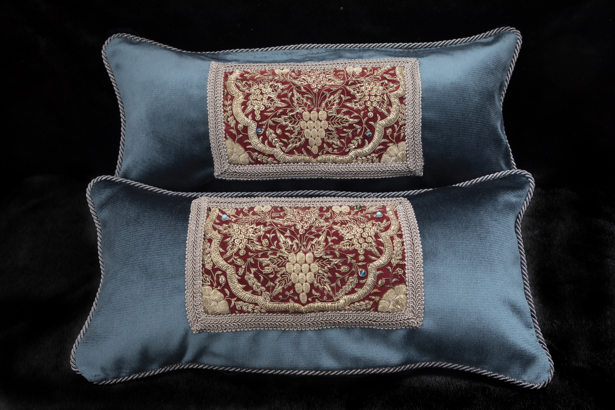 Blue Metallic Embroidered Appliqué Cushions (Pair)