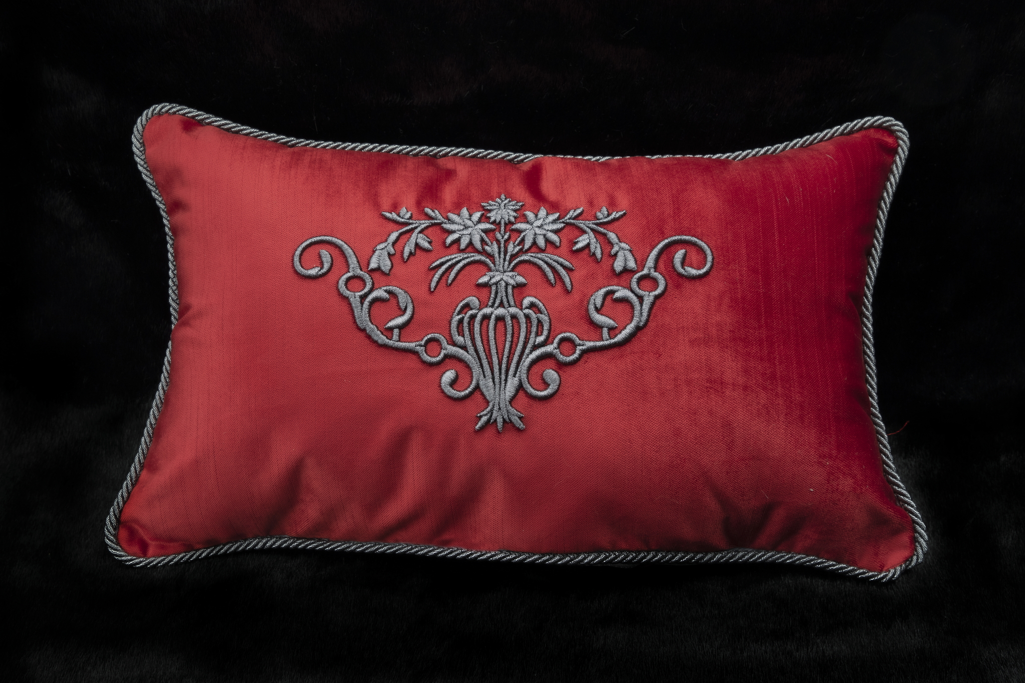 Red Metallic Flower Embroidered Cushion